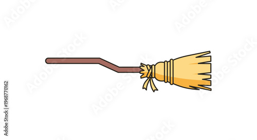 a yellow broom with brown handle.