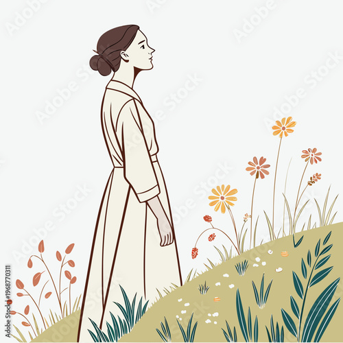 A serene illustration depicts a woman in profile gazing upwards amidst a field of colorful wildflowers and lush greenery