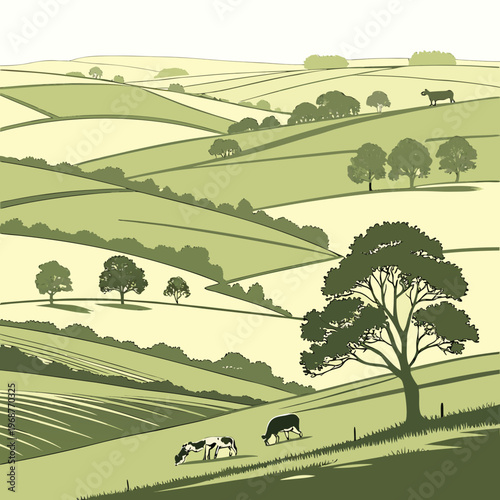 A serene stylized landscape depicts rolling green hills scattered trees grazing cows and a peaceful rural scene under a light sky