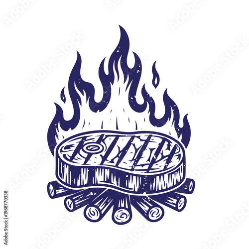 Dark blue of a thick raw steak with grill marks cooking over a small campfire of stacked wooden logs with stylized flames rising upwards in a vintage woodcut print style
