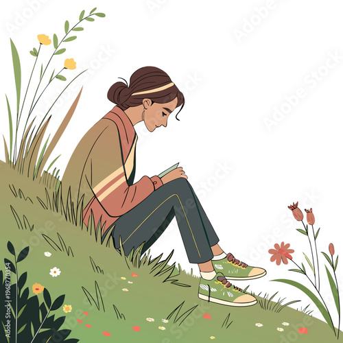 A young woman sits peacefully in a grassy field engrossed in reading a book amidst wildflowers and lush greenery