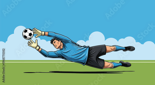 Professional soccer goalkeeper diving in air to catch the ball