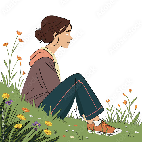 A young woman with brown hair sits pensively in a lush green field surrounded by vibrant wildflowers and foliage