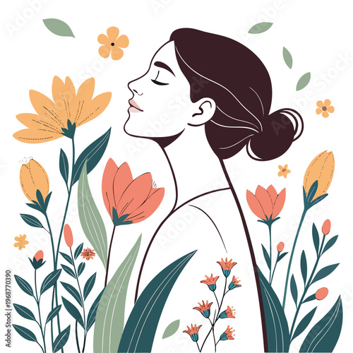 A serene illustration depicts a woman with closed eyes surrounded by vibrant blossoming flowers evoking a sense of peacefulness and beauty
