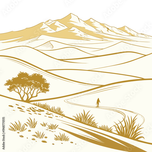 A minimalist illustration depicting a lone traveler walking a winding path through a desert landscape with distant mountains high quality
