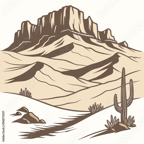 A stylized illustration depicts a desert landscape featuring rocky mountains sandy terrain sparse vegetation and a saguaro cactus high quality