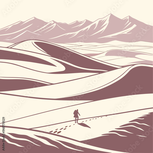 A solitary figure treks across a vast sweeping desert landscape of undulating sand dunes under a hazy sky high quality