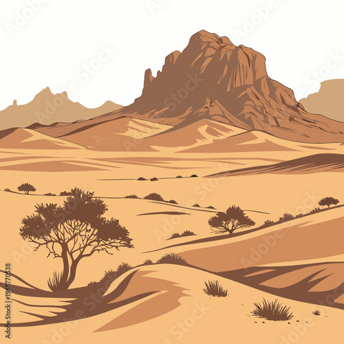 A stylized illustration depicts a vast desert landscape with prominent rock formations and sparse vegetation under a warm gradient sky