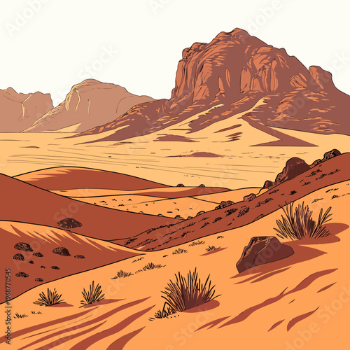 A stylized illustration depicts a vast arid desert landscape featuring rolling sand dunes and imposing rock formations high quality professional