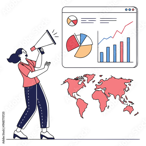 A woman enthusiastically announces news through a megaphone presenting data visualizations of global reach and business growth high quality professional