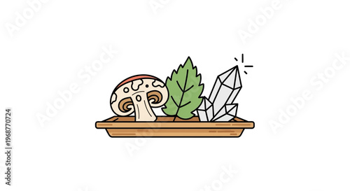 A crystal and a mushroom on a tray with a green leaf.