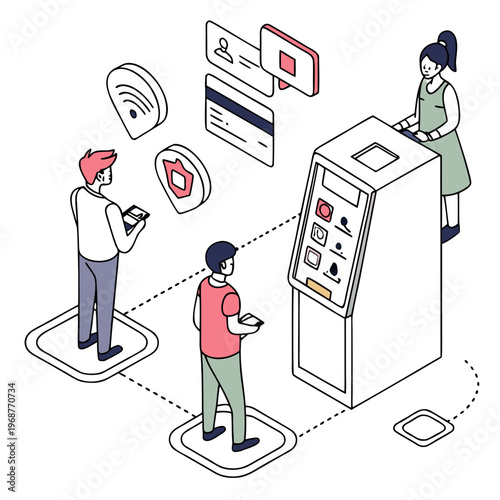 An isometric illustration depicts people interacting with a self service kiosk and digital payment methods in a modern setting