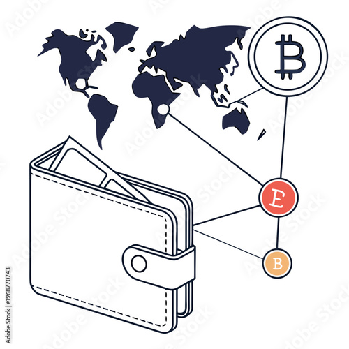 This graphic illustrates the global reach of cryptocurrency connecting digital wallets to worldwide financial transactions and economies high quality professional