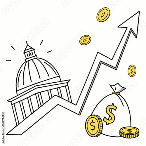 A line graph rising past a capitol building with falling coins and a money bag illustrating financial growth high quality