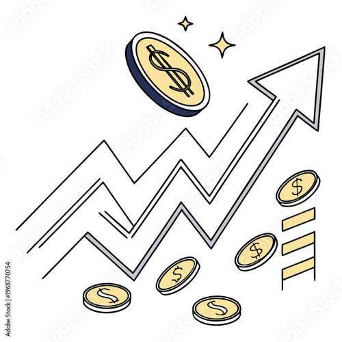 An illustrative depiction showcases a rising arrow graph alongside falling and ascending currency symbols representing financial growth high quality professional