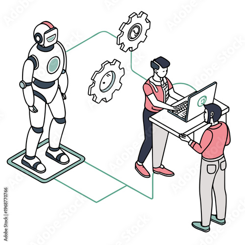 An illustration depicts a human interacting with a robot showcasing technological advancement and collaborative work in a modern setting