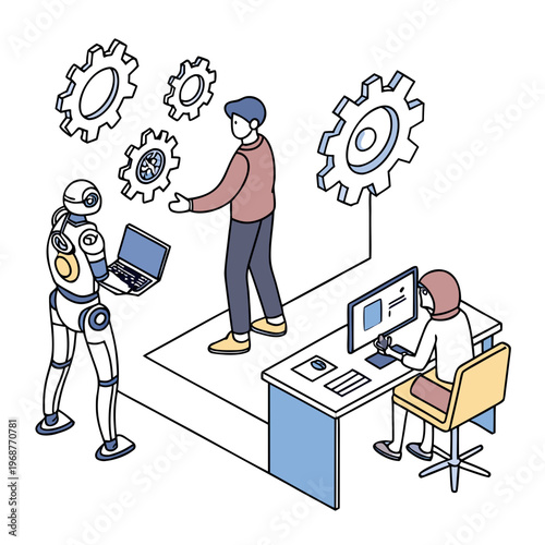 A conceptual illustration depicts a person interacting with a robot and colleagues utilizing technology for collaborative problem solving high quality