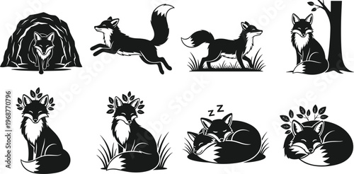 Fox illustrations, animal silhouettes, wildlife art, forest creature, nature design, sleeping fox, leaping fox, woodland animal, eco artwork, minimal style