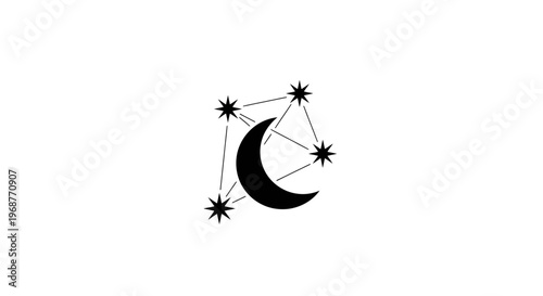 a black and white illustration of a crescent moon and stars.
