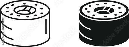Two stylized sushi rolls depicted in a minimalist vector illustration with a black fill and outline version