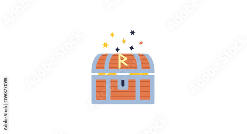 Colorful treasure chest with confetti.