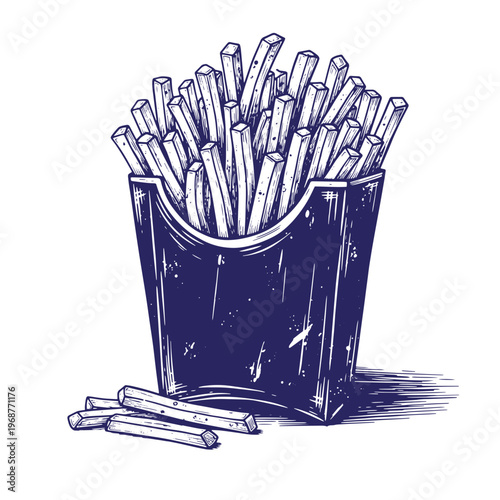 Hand drawn ink of a paper carton filled with crispy french fries and three loose potato sticks on a white background in a dark blue monochromatic style