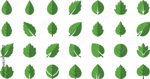 Green leaf icons set, botanical illustration, eco-friendly design, sustainability graphics, plant morphology, nature symbols, ecology art, environment awareness, renewable energy, conservation