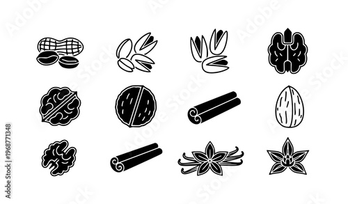 Nuts and Spices Icon Set Vector Peanuts Pistachios Walnuts Cinnamon Vanilla