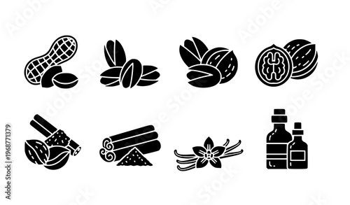 Black Vector Nuts and Spices Icon Set Peanuts Walnuts Pistachios Cinnamon Vanilla