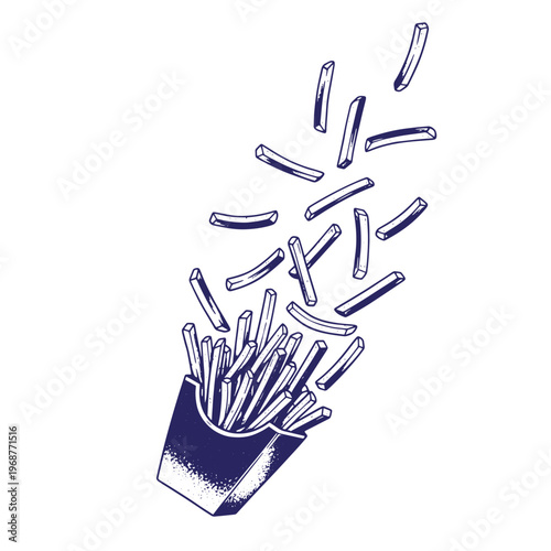 Hand drawn of a paper carton filled with crispy french fries with several potato sticks floating and falling in the air isolated on a white background in a dark blue ink style