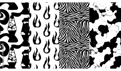 Groovy 70s Hippie Seamless Pattern Set Lava Lamp Zebra Flame Retro Vector