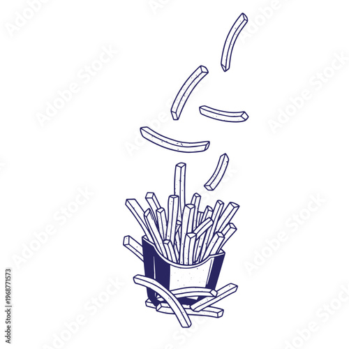 Hand drawn of a paper carton filled with crispy potato french fries with several individual fries floating and falling above the container in a simple dark blue line style