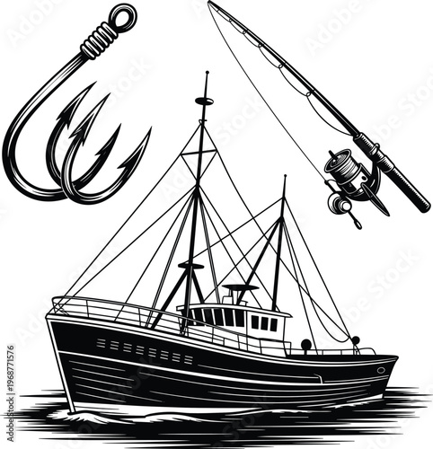 Vintage fishing vector illustration set with fish, boat, anchor, and nautical elements.