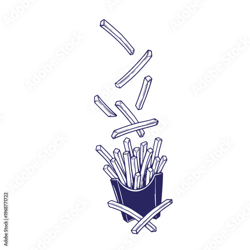 Hand drawn of crispy potato french fries falling into a dark blue paper carton container isolated on a white background