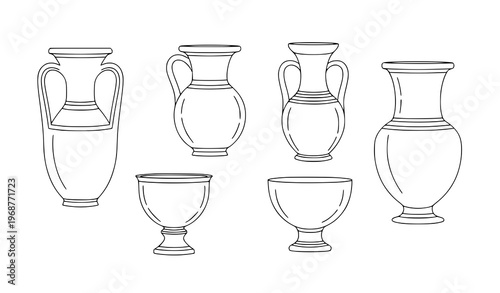 Greek Vases Minimal Linear Style Vector Set Trendy Ancient Clay Illustrations