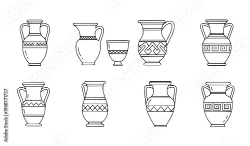 Minimal Greek Pottery Icon Set Linear Vector Ancient Vase Illustrations