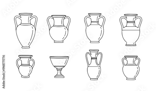 Greek Vases Linear Outline Vector Set Minimal Modern Clay Vessel Illustrations