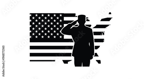 Saluting soldier in front of an american flag a striking silhouette