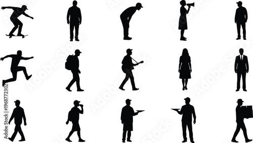 Human activity silhouettes set, lifestyle illustration, people icons, occupation graphics, sports design, community art, urban living, performing arts, daily routine, teamwork