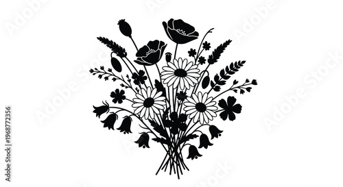 Floral arrangement of poppies daisies and bellflowers in stark contrast silhouette
