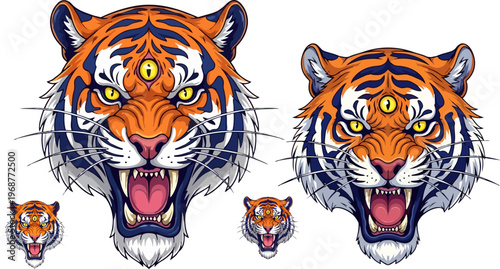 Tiger heads, vector illustrations, orange and blue, fierce animal faces, graphic elements