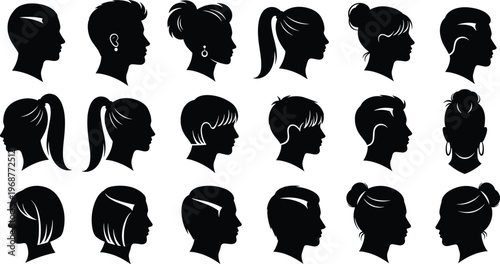Human head silhouettes, hairstyle icons, diverse haircuts, ponytail, bun, short hair, shaved sides, layered styles, fashion design illustration