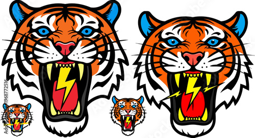 Tiger head logos, cartoon tiger faces, roaring tiger illustrations, bold animal icons