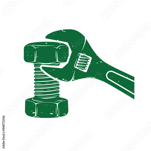 Green adjustable wrench gripping a large metal bolt isolated on a white background with a distressed texture effect for industrial repair and construction concepts