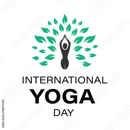 International Yoga Day logo with person in tree pose and green leaves, wellness and nature concept vector. 