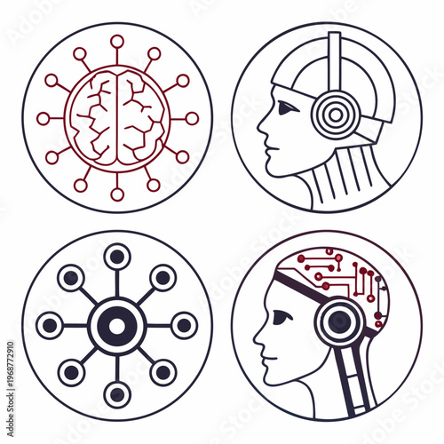 A vector graphic illustration of four icons representing artificial intelligence and technology concepts