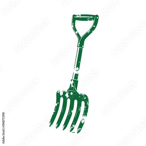 Green garden fork with a distressed texture featuring four prongs and a d shaped handle for digging and cultivating soil isolated on a white background