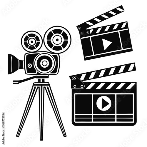A vector graphic illustration of a film camera and clapboards on a white background