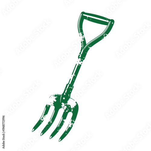 Green garden fork with a distressed vintage texture for digging and cultivating soil in a vegetable patch or flower bed isolated on a white background