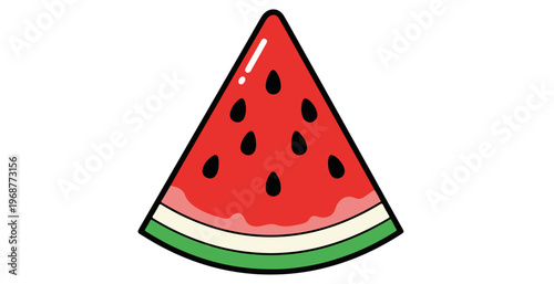 A vibrant and refreshing cartoon illustration of a single juicy watermelon slice featuring its characteristic red flesh with scattered black seeds, a light pink rind transition.